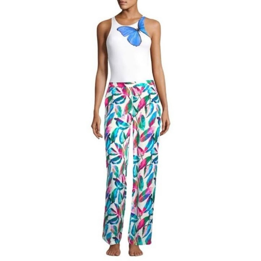 Onia Mila Leaf Print Beach Pants Wide Leg Resort Tropical Vacation Pink Green L
